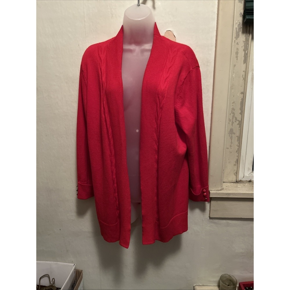 Pina Rossi Lt Wt Knit Cardigan Open Front Red XL Gold Button Cuff Holiday
